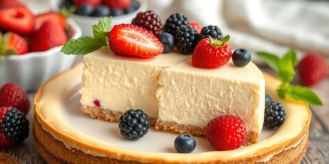 Creamy New York style cheesecake topped with fresh berries, creamy, closeup
