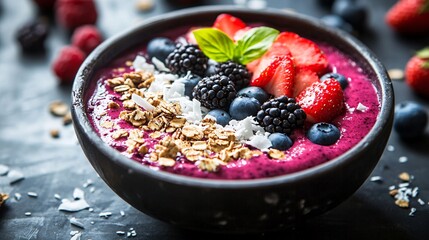Delicious Acai Bowl with Granola, Coconut, and Ripe Berries Toppings