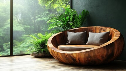 Wooden lounge, forest view, modern interior