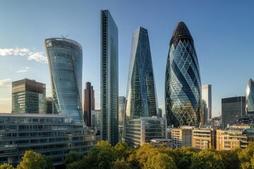 Fototapeta premium High-angle cityscape of modern glass and steel skyscrapers in a contemporary business district.