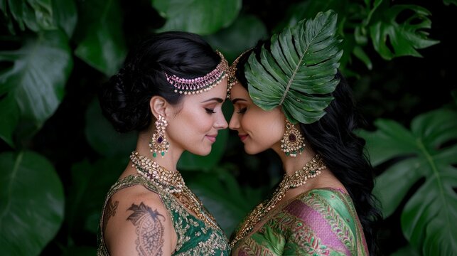 Romantic Indian Couple Portrait  Lush Green Tropical Leaves  Sari  Jewelry