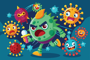 Fototapeta premium A playful illustration features customizable retroviruses engaged in a vibrant, animated chase, Retroviruses Customizable Cartoon Illustration