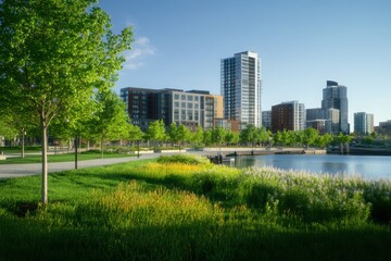 Obraz premium City skyline view from a park with green grass and trees