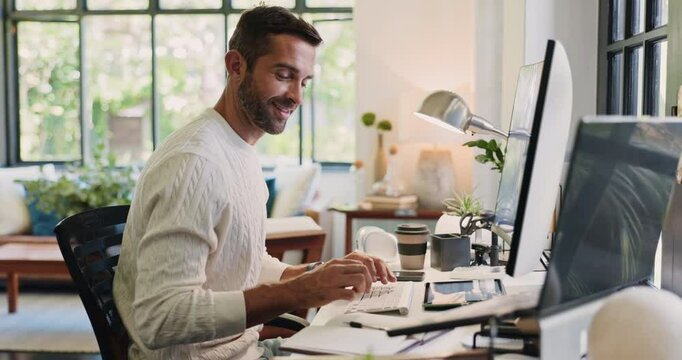 Computer, reading and writing with man in home office for remote work or startup business. Administration, notebook and typing with freelance employee in apartment for idea, planning or proposal