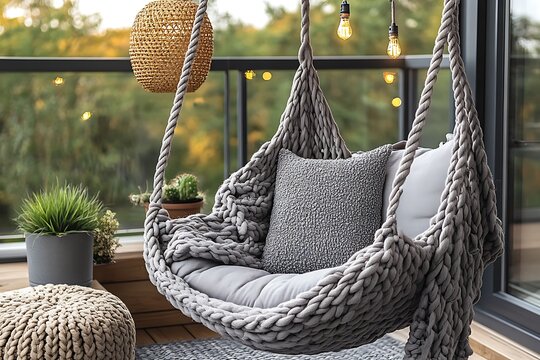 A cozy balcony scene showing a hanging chair and decor