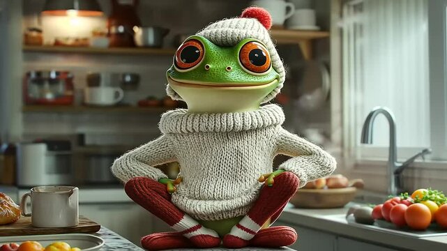 Cozy Frog in Winter Kitchen