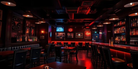 Dark interior, studded chairs, bar, tables, grunge aesthetic, dark, anarchy