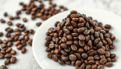 Fototapeta premium Dark roasted coffee beans piled high on a pristine white plate, cafe, aroma
