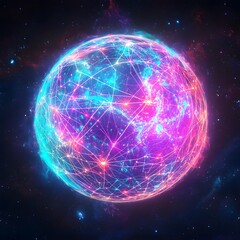 Obraz premium A glowing neon globe with connecting lines and dots, illustrating global connectivity, technology, and digital communication networks