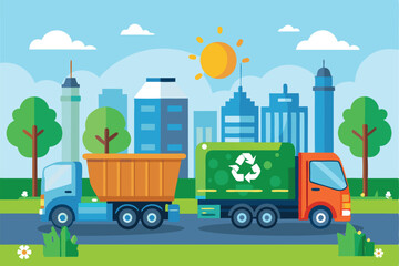 Fototapeta premium Trucks dedicated to reuse and zero waste collect garbage near a recreational area under a bright sun, Reuse and zero waste, Trucks with garbage near recycling station,