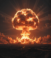 Nuclear explosion with a dramatic mushroom cloud and fiery flames on a dark background