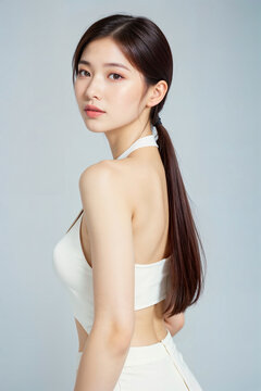 A woman with long hair and a white tank top poses for a photo