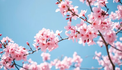 Obraz premium Delicate pink cherry blossoms in full bloom against a clear blue sky, showcasing their ephemeral beauty, blue, soft