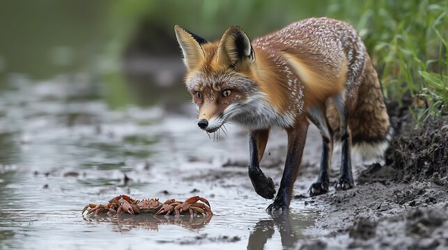 Crab eating Fox crab eating fox prowling along a muddy riverbank its sharp eyes scanning for movement in the water