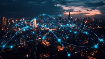 Dynamic Urban Skyline at Night with High-Tech Network Connections