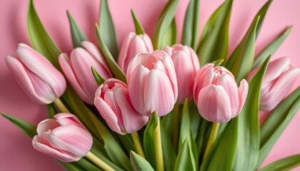 Delicate pink tulips arranged in a bouquet, soft pink background, bouquet, pink backdrop