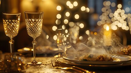 A hyper-realistic luxury fine dining setup with intricate details, showcasing elegance and sophistication in modern culinary experiences