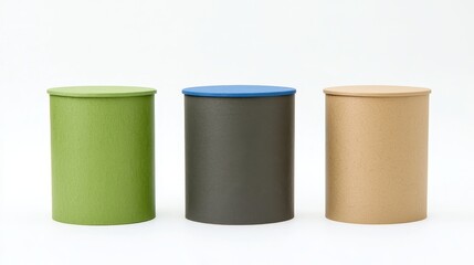 Three colorful round stools on a white background. Green, blue and beige stools.