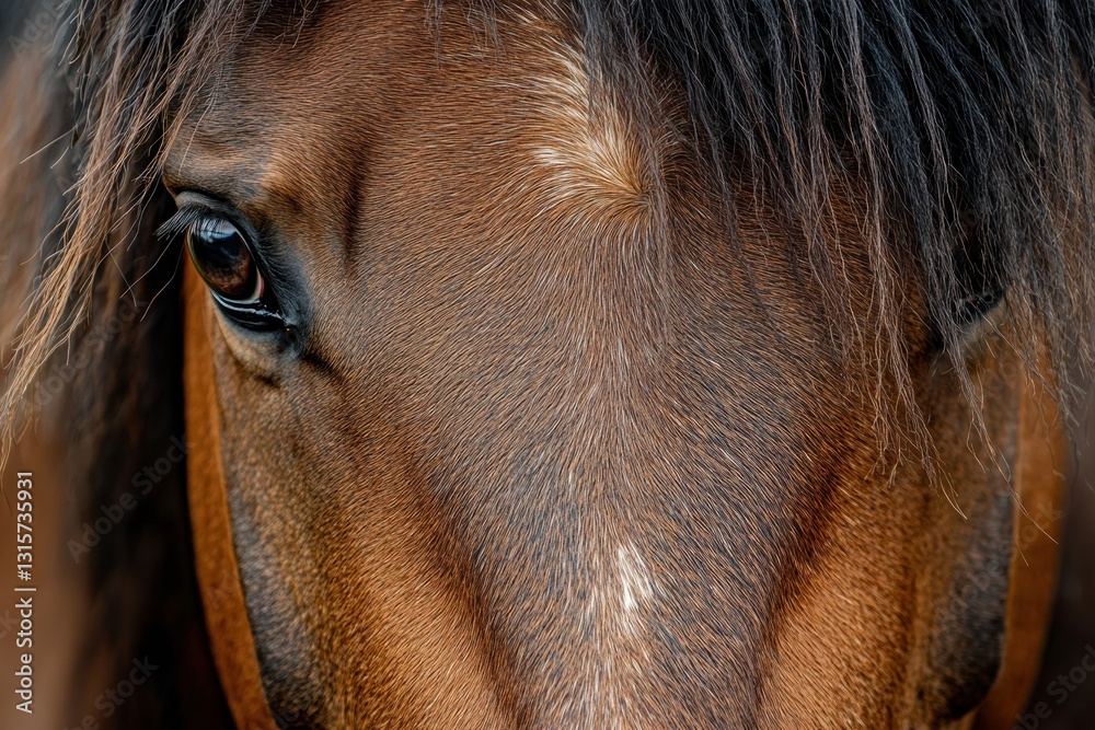 Poster Close up view of a horses eye and mane captured in a natural setting during the day. Generative AI