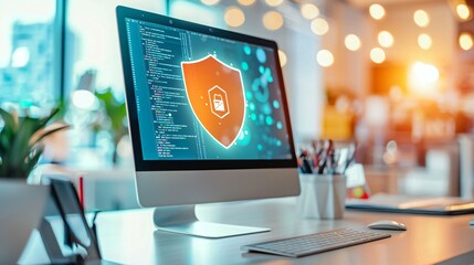 Close-up of a digital screen with a pop-up ad blocked by a shield icon, symbolizing ad-free browsing and online privacy protection in a modern workspace setting.