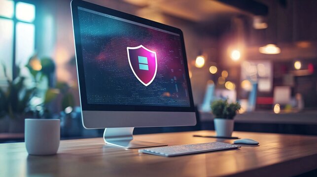 Close-up of a digital screen with a pop-up ad blocked by a shield icon, symbolizing ad-free browsing and online privacy protection in a modern workspace setting.