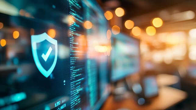 Close-up of a digital screen with a pop-up ad blocked by a shield icon, symbolizing ad-free browsing and online privacy protection in a modern workspace setting.