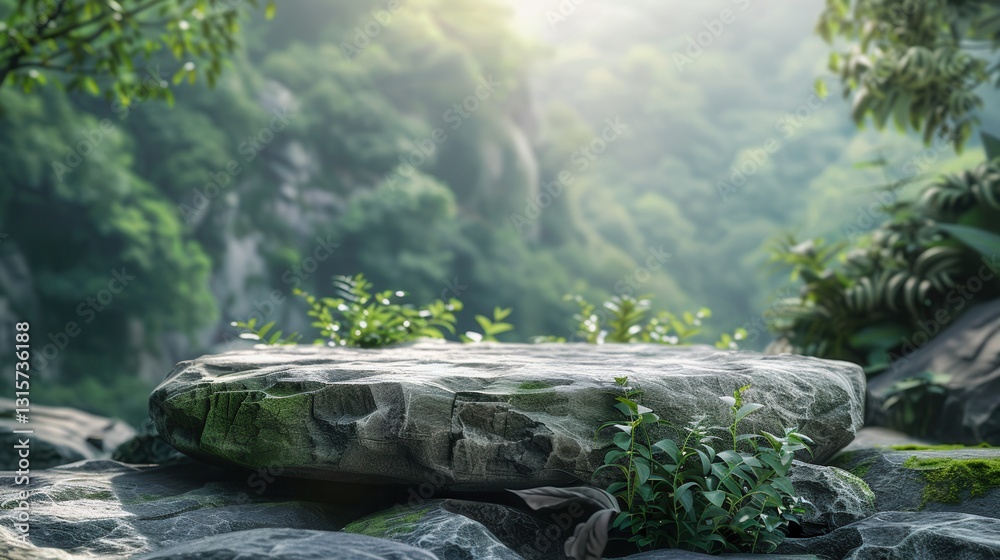 Poster stone podium on rock platform surrounded by lush greenery in a tranquil forest setting