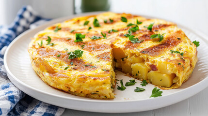 delicious Spanish tortilla with potatoes and herbs on white plate