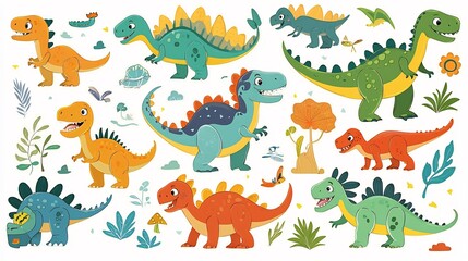 Cute flat cartoon baby dinosaur collection ideal stickers and children's books