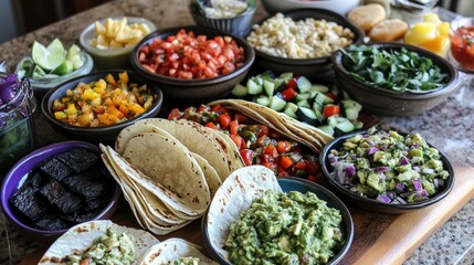A vibrant taco spread featuring fresh guacamole, varied salsas, and diverse toppings