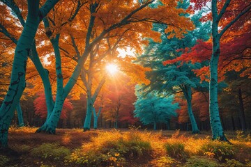 Obraz premium Stunning Autumn Panorama with Teal Trees and Colorful Leaves Under the Midday Sun