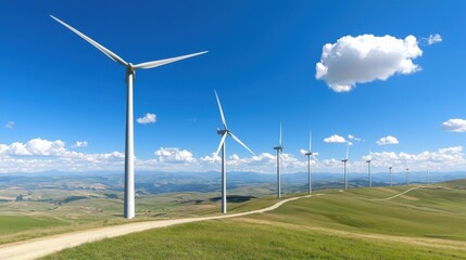 Panoramic View of Multiple Wind Turbines on Rolling Green Hills
