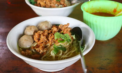 Mie Ayam or Chicken Noodle, Indonesian Popular Street Food with Noodle, Chicken, and Green Vegetables with Broth