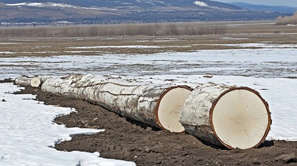 Winter logging, snowy field, cut logs, mountain view, timber industry