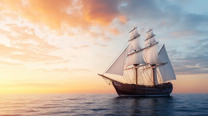 Fototapeta premium Sailing ship in the sea at sunset. Concept of travel, adventure, and exploration.