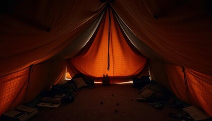 Dusty attic, makeshift canvas tent in dim light, dim light, dark