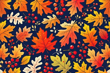 Vibrant Autumn Leaves and Berries Horizontal Banner Illustration in Whimsy Doodle Style