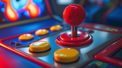 Colorful retro arcade machine with joystick and control buttons, illuminated in neon lights, capturing classic gaming nostalgia in a vibrant and playful atmosphere

