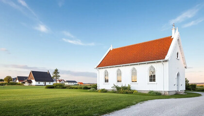 Obraz premium Charming White Chapel with Red Roof in Scenic Field