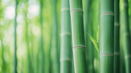 Fototapeta premium Fresh green bamboo forest with sunlight filtering through the leaves. Concept of nature, zen, and relaxation.
