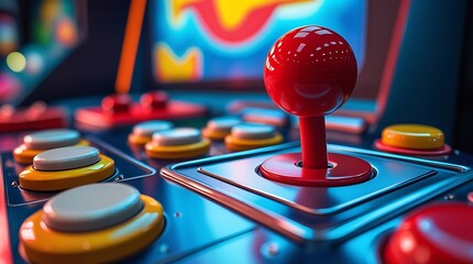 Colorful retro arcade machine with joystick and control buttons, illuminated in neon lights, capturing classic gaming nostalgia in a vibrant and playful atmosphere

