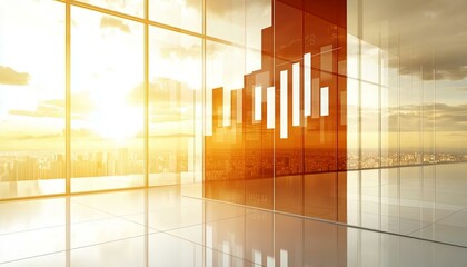 Modern Office Space with Sunset View and Financial Chart Overlay