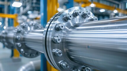Fototapeta premium Close up of a metal pipe with bolts in a factory. Concept of industry, manufacturing, and engineering.