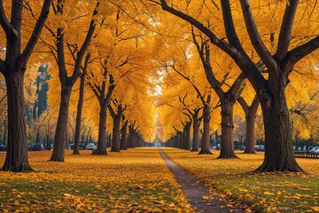 Fototapeta premium Autumn Landscape with Yellow Trees in Park Alley