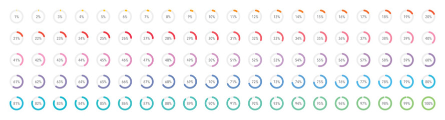 Set of round colorful infographic pie charts, template segment of circle icons 0% - 100%, simple flat design loading data interface elements app button ui ux web, vector isolated on white background © aiconslab