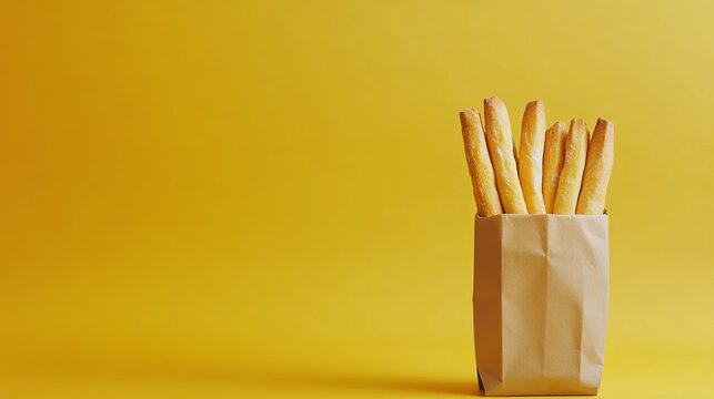 A minimalist setup of fresh breadsticks styled in a small brown paper bag. pic