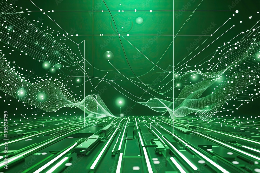 Poster three dimensional abstract green background with motion lines and dots for big data and technology c