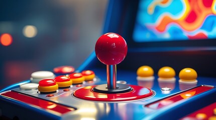 Colorful retro arcade machine with joystick and control buttons, illuminated in neon lights, capturing classic gaming nostalgia in a vibrant and playful atmosphere

