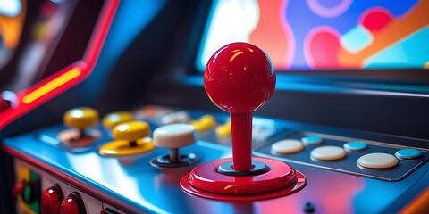 Colorful retro arcade machine with joystick and control buttons, illuminated in neon lights, capturing classic gaming nostalgia in a vibrant and playful atmosphere

