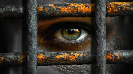 A single eye of a man peering out from behind prison bars. A convict serving jail time. An intense, intimimidating and threatening gaze.